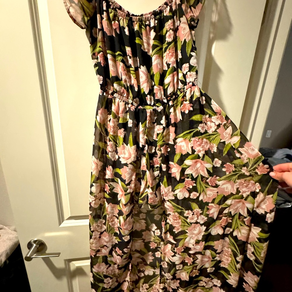 Radiant Elegance: Black and Pink Floral Romper with Chic Train - Medium